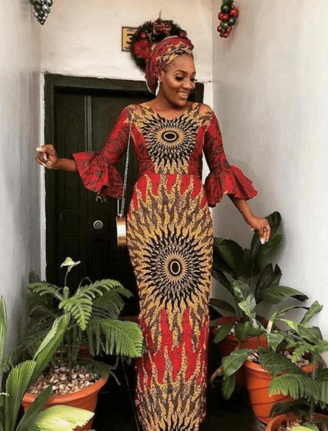 Red Long Sleeve African Ankara Print V-Neck Maxi Dress